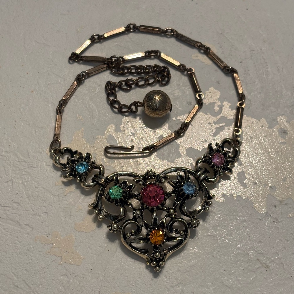 Vintage Antiqued Fruit Salad Rhinestone Molded Gold Tone Choker Necklace 16”